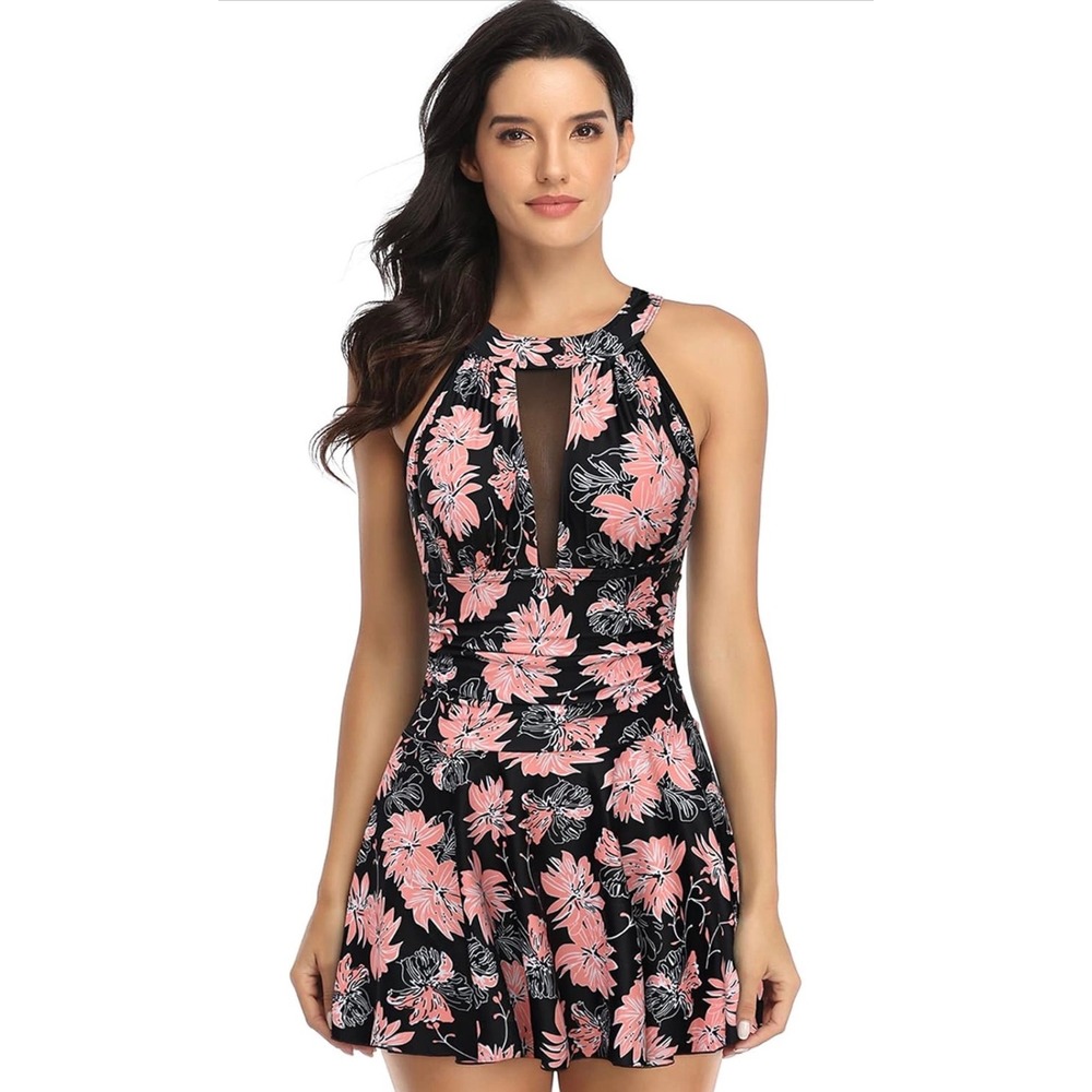 Floral High Neck Swim Dress Plus Size XXL Black Peach Mesh Keyhole One Piece